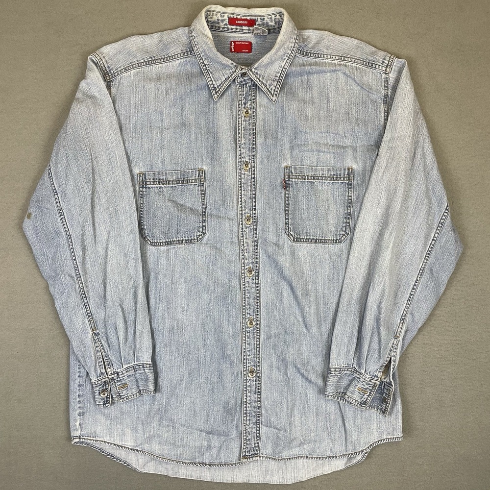 Levis Denim Shirt Mens Large Blue Loose Fit Metal Button Long Sleeve Denim